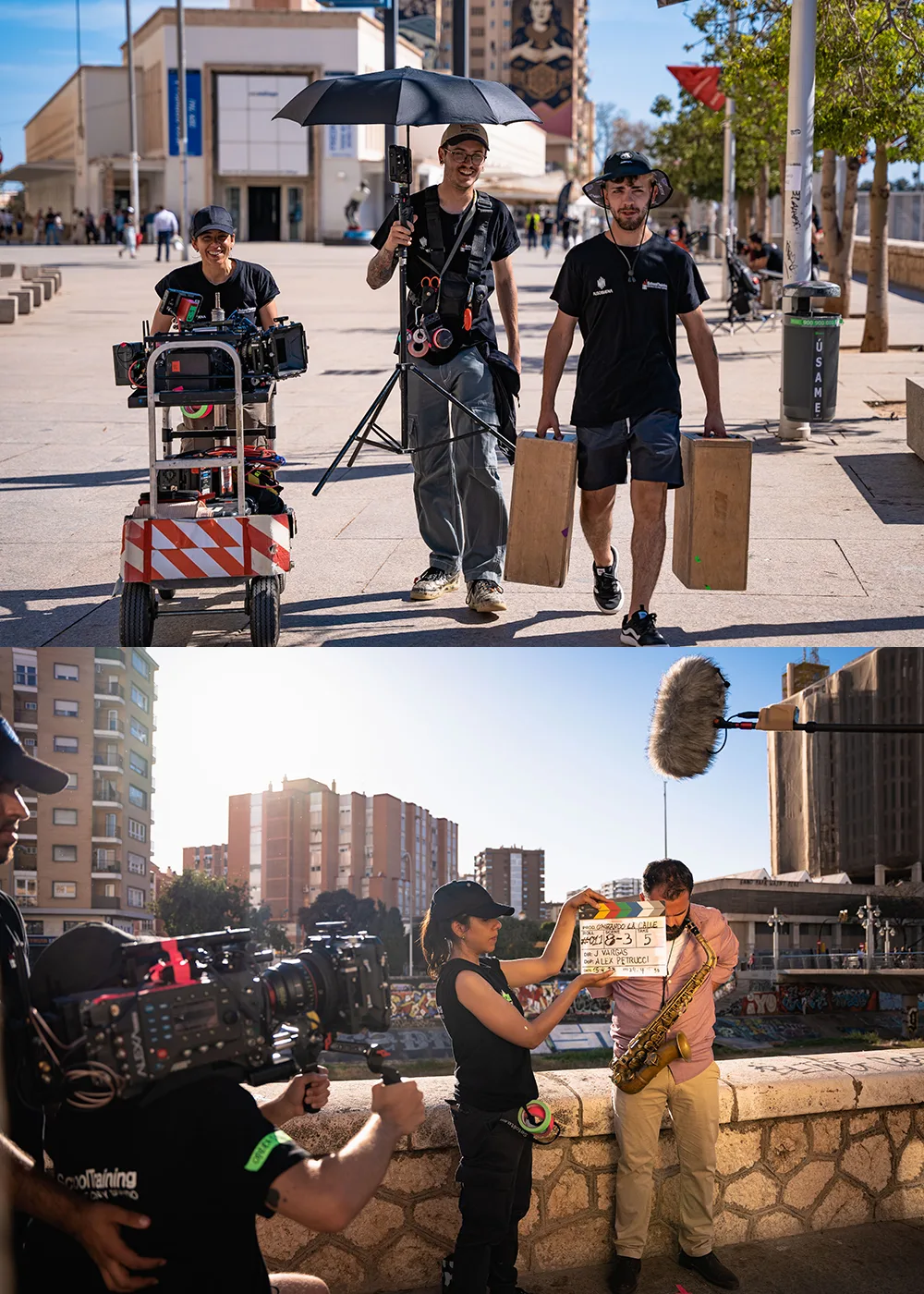 Fati Ruiz trabajando como auxiliar de cámara durante un rodaje audiovisual